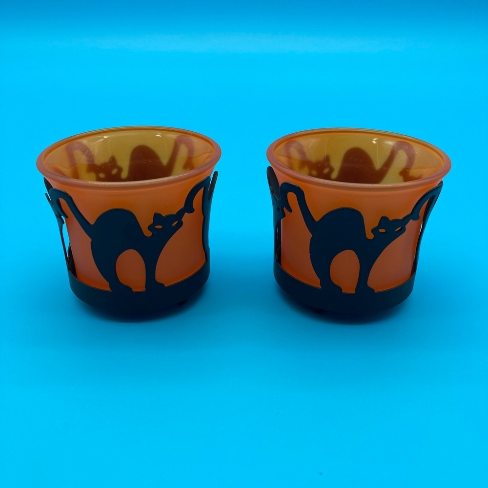 Set of PartyLite Black Cat Orange Glass Votive Holders 2P9776U Halloween